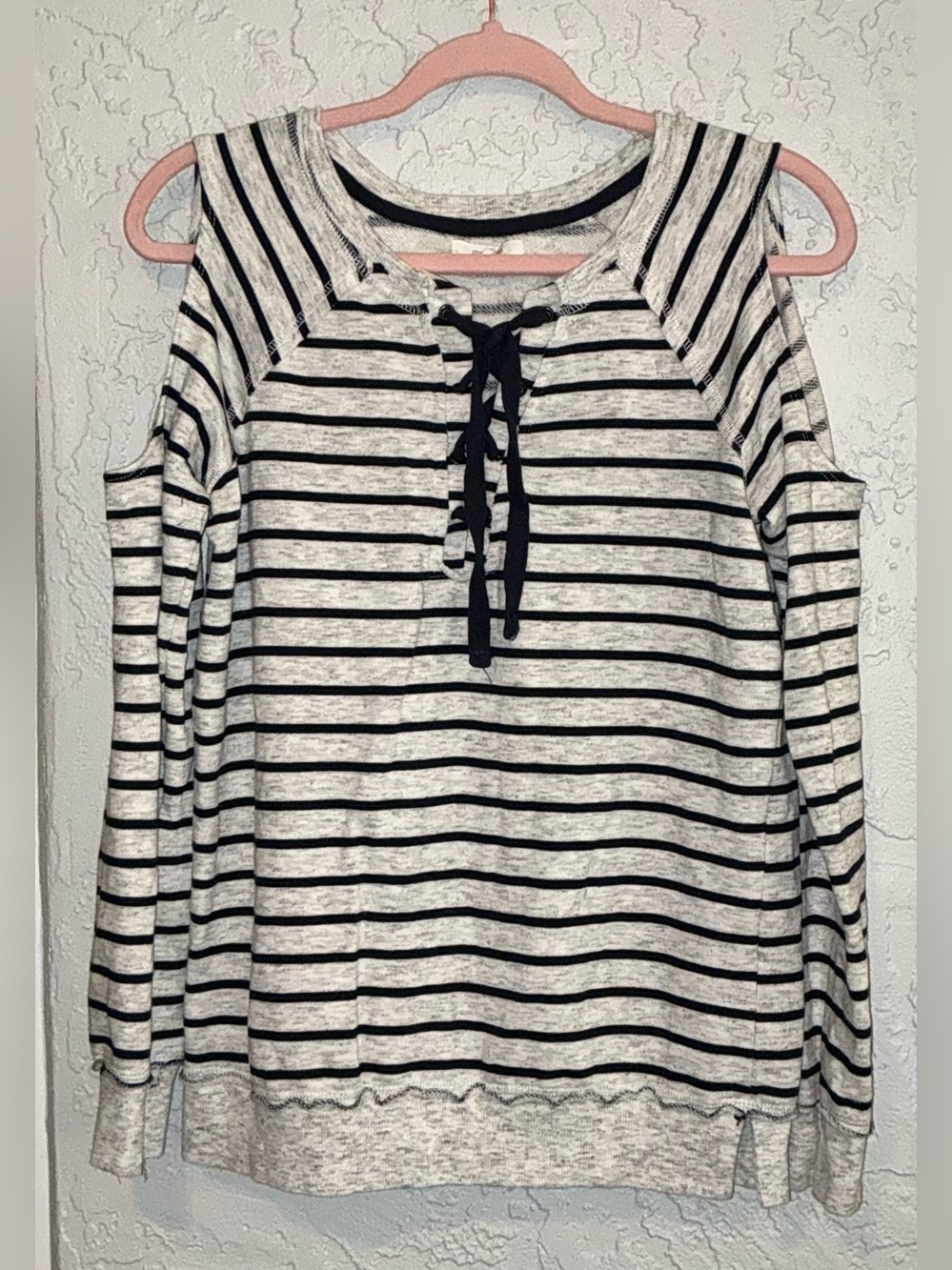 Maurices Striped Cold-Shoulder Lace-Up front Top - Navy Blue & Light Gray
